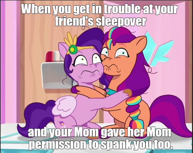 Size: 658x522 | Tagged: suggestive, derpibooru import, edit, edited screencap, screencap, pipp petals, sunny starscout, earth pony, pegasus, g5, my little pony: tell your tale, image, imminent spanking, mane stripe sunny, meme, png, sleepover, trouble