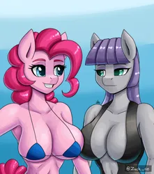 Size: 1500x1700 | Tagged: suggestive, artist:zachc, derpibooru import, maud pie, pinkie pie, anthro, earth pony, bikini, breasts, clothes, duo, image, looking at each other, looking at someone, one-piece swimsuit, png, smiling, swimsuit