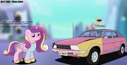 Size: 4664x2398 | Tagged: safe, artist:sparkfler85, derpibooru import, princess cadance, alicorn, pony, austin motor company, austin princess, car, clothes, crystal empire, derpibooru exclusive, female, hoof shoes, image, jewelry, name pun, necklace, png, shirt, solo, story included, vehicle