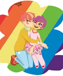 Size: 2500x3000 | Tagged: safe, artist:aoi-haneko, derpibooru import, scootaloo, windy whistles, human, adopted, adopted offspring, ballerina, blushing, clothes, cute, cutealoo, daaaaaaaaaaaw, female, hug, humanized, image, kiss on the cheek, kissing, mother and child, mother and daughter, png, scootalove, scootarina, smiling, wholesome, windybetes