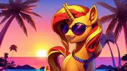 Size: 2048x1152 | Tagged: safe, derpibooru import, machine learning generated, stable diffusion, sunset shimmer, pony, unicorn, ai content, ear fluff, female, generator:easyfluff v11.2, image, jewelry, jpeg, mare, necklace, ocean, palm tree, prompter:siber, smiling, solo, sunglasses, sunset, tree, vaporwave, water