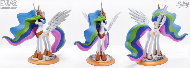 Size: 2000x714 | Tagged: safe, artist:ewc workshop, artist:sunny way, derpibooru import, princess celestia, alicorn, pony, 3d print, art, artwork, craft, female, feral, figurine, happy, horn, image, irl, jewelry, mare, my little pony, painting, photo, png, regalia, sculpture, solo, statue, wings