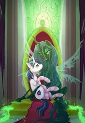 Size: 1000x1447 | Tagged: safe, artist:shaslan, derpibooru import, queen chrysalis, shining armor, changeling, changeling queen, pony, unicorn, bedroom eyes, clothes, duo, duo male and female, female, image, infidelity, looking at each other, looking at someone, male, png, shining chrysalis, shipping, socks, stallion, straight, striped socks, throne
