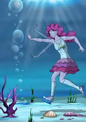 Size: 3541x5016 | Tagged: semi-grimdark, artist:symptom99, derpibooru import, pinkie pie, human, equestria girls, asphyxiation, bubble, coral, drowning, female, holding breath, image, png, requested art, seashell, seaweed, solo, underwater, water