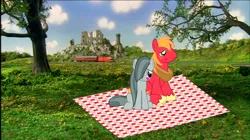 Size: 1916x1076 | Tagged: safe, artist:timelordomega, derpibooru import, big macintosh, marble pie, earth pony, pony, blushing, castle, cute, date, dating, female, image, james the red engine, male, marblemac, mare, picnic, picnic blanket, png, shipping, sitting, smiling, stallion, straight, suddery castle, thomas and friends, thomas the tank engine, tree
