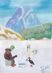 Size: 887x1234 | Tagged: safe, artist:shitty painter, ponerpics import, oc, oc:anon, oc:current seeker, unofficial characters only, bird, human, pony, puffin, taiga pony, female, fishing, gouache, ice, ice fishing, image, mare, mountain, png, pond, scenery, traditional art
