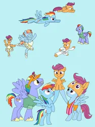 Size: 1500x2000 | Tagged: safe, artist:caldorosa, derpibooru import, bow hothoof, rainbow dash, scootaloo, windy whistles, pegasus, pony, adopted, adopted offspring, ballerina, ballet, family, father and child, father and daughter, female, filly, flying, foal, grin, image, karate, male, mare, mother and child, mother and daughter, png, scootadoption, scootaloo can fly, scootalove, siblings, sisters, smiling, stallion, wholesome