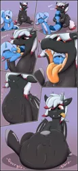 Size: 3600x7800 | Tagged: suggestive, artist:triksa, derpibooru import, oc, oc:crowley, oc:triksa, unofficial characters only, lamia, original species, belly, big belly, bulges, comic, fetish, gulp, image, mawshot, open mouth, png, simple background, slurp, slurping, swallow, swallowing, tongue out, vore, willing prey, willing vore