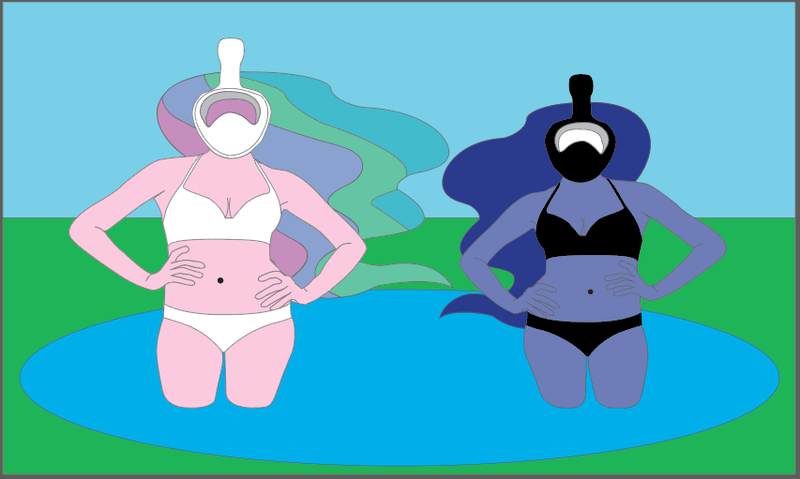 Size: 853x511 | Tagged: safe, artist:polorenzielephant, derpibooru import, princess celestia, princess luna, equestria girls, belly button, bikini, clothes, faceless female, female, full face snorkel, illustrator, image, lake, offscreen character, png, principal celestia, snorkel, swimsuit, two-piece swimsuit, vice principal luna, water