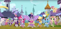 Size: 1287x621 | Tagged: safe, derpibooru import, screencap, applejack, fluttershy, pinkie pie, rainbow dash, rarity, spike, twilight sparkle, twilight sparkle (alicorn), alicorn, pony, magical mystery cure, background pony, canterlot, clothes, coronation dress, crowd, crown, dress, element of magic, hat, image, jewelry, jpeg, life in equestria, mane seven, mane six, regalia, tiara