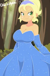 Size: 1262x1900 | Tagged: safe, artist:daichigatari, derpibooru import, applejack, human, equestria girls, applejack also dresses in style, breasts, busty applejack, clothes, dress, evening gloves, female, forest, gloves, gown, image, long gloves, png, princess tiana, smiling, solo, solo female, the princess and the frog, tiana, tree