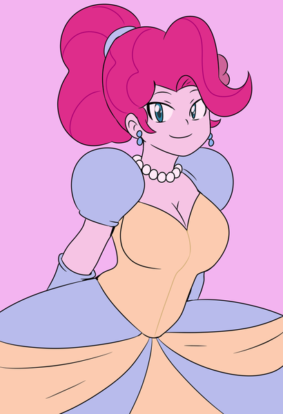 Size: 800x1172 | Tagged: safe, artist:strugetdraw, derpibooru import, pinkie pie, human, equestria girls, alternate hairstyle, breasts, busty pinkie pie, cinderella, clothes, dress, ear piercing, earring, evening gloves, female, gloves, gown, image, jetlag productions, jewelry, long gloves, necklace, pearl necklace, piercing, pink background, png, simple background, smiling, solo, solo female