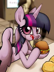 Size: 1618x2158 | Tagged: safe, artist:brainr0tter, derpibooru import, twilight sparkle, twilight sparkle (alicorn), alicorn, pony, burger, eating, female, food, hoof hold, image, jpeg, ketchup, looking at you, mare, puffy cheeks, sauce, solo focus, that pony sure does love burgers, twilight burgkle