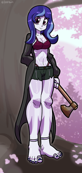 Size: 1309x2758 | Tagged: suggestive, alternate version, artist:reathroch, derpibooru import, oc, oc:magnolia, unofficial characters only, equestria girls, anklet, axe, feet, female, image, jewelry, offspring, parent:night light, parent:twilight velvet, parents:nightvelvet, png, solo, solo female, standing, toe ring, tree, weapon