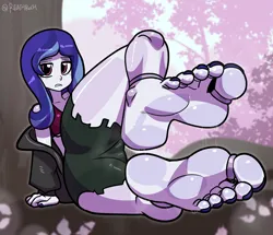 Size: 2390x2059 | Tagged: suggestive, artist:reathroch, derpibooru import, oc, oc:magnolia, unofficial characters only, equestria girls, anklet, feet, female, fetish, foot fetish, image, jewelry, nail polish, offspring, parent:night light, parent:twilight velvet, parents:nightvelvet, png, soles, solo, solo female, sweat, sweaty feet, toe ring, toenail polish, toes, tree
