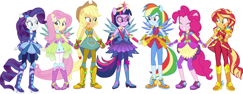 Size: 1280x496 | Tagged: safe, artist:aledurano, derpibooru import, applejack, fluttershy, pinkie pie, rainbow dash, rarity, sci-twi, sunset shimmer, twilight sparkle, equestria girls, boots, clothes, cowboy boots, cowboy hat, crystal guardian, gloves, hat, high heel boots, humane five, humane seven, humane six, image, jewelry, png, shoes, simple background, tiara, transparent background