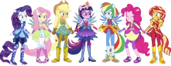 Size: 1280x496 | Tagged: safe, artist:aledurano, derpibooru import, applejack, fluttershy, pinkie pie, rainbow dash, rarity, sci-twi, sunset shimmer, twilight sparkle, equestria girls, boots, clothes, cowboy boots, cowboy hat, crystal guardian, gloves, hat, high heel boots, humane five, humane seven, humane six, image, jewelry, png, shoes, simple background, tiara, transparent background