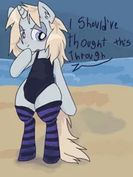 Size: 680x903 | Tagged: suggestive, ponerpics import, ponybooru import, oc, oc:synthwave, pony, unicorn, /mlp/, 4chan, bags under eyes, beach, blonde, blonde mane, blonde tail, bored, butt, clothes, eyelashes, femboy, girly, image, large butt, male, neet, png, sketch, socks, solo, stallion, standing, swimsuit, thighs, thunder thighs, tired, trap, wide hips
