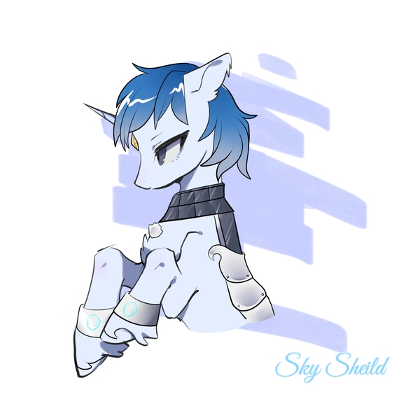 Size: 2048x2048 | Tagged: safe, artist:raymondht, derpibooru import, oc, oc:sky sheild, unofficial characters only, pony, unicorn, ambiguous gender, armor, blue fur, blue mane, floppy ears, forehead gem, gray eyes, image, jpeg, looking offscreen, rearing, simple background, unshorn fetlocks, white background