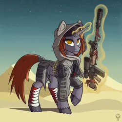 Size: 1500x1500 | Tagged: safe, artist:psychicdiesel, derpibooru import, oc, unofficial characters only, pony, unicorn, fallout equestria, battle rifle, body armor, clothes, desert, female, fn fal, glow, glowing horn, gun, handgun, holster, hoodie, horn, image, magic, mare, pistol, png, request art, rifle, sky, solo, stars, telekinesis, weapon