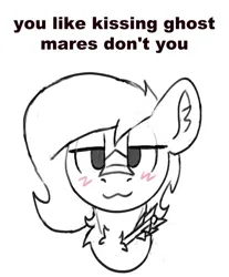 Size: 640x773 | Tagged: safe, artist:reddthebat, derpibooru import, oc, oc:alaska (reddthebat), unofficial characters only, ghost, ghost pony, pegasus, pony, undead, :3, arrow, bedroom eyes, blush scribble, blushing, bust, ear fluff, exploitable meme, female, grayscale, image, looking at you, mare, mauzymice, meme, monochrome, partial color, png, ponified meme, simple background, smiling, smiling at you, solo, white background