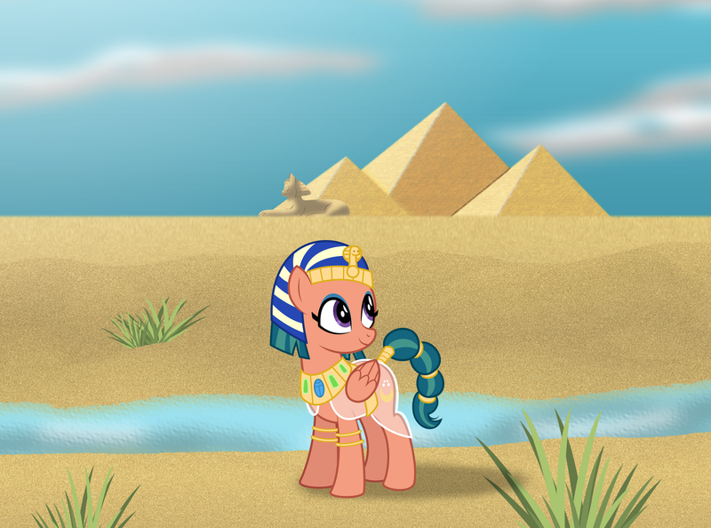 Size: 1920x1425 | Tagged: safe, artist:aleximusprime, derpibooru import, somnambula, pegasus, pony, fanfic:let my ponies go, flurry heart's story, alternate design, alternate hairstyle, bracelet, cloud, desert, egyptian, egyptian headdress, egyptian pony, female, glowpaz, image, jewelry, mare, necklace, nemes headdress, new design, older, older somnambula, png, pyramid, river, scenery, sky, smiling, solo, stream, water