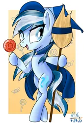 Size: 1537x2247 | Tagged: safe, artist:notadeliciouspotato, derpibooru import, oc, oc:serene dive, unofficial characters only, earth pony, pony, abstract background, bipedal, broom, candy, cape, clothes, costume, eye clipping through hair, female, food, halloween, halloween costume, hat, holiday, hoof hold, image, lollipop, mare, open mouth, open smile, png, signature, smiling, solo, witch hat