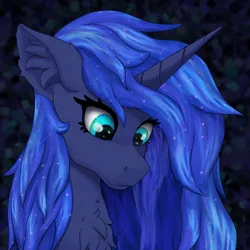 Size: 2048x2048 | Tagged: safe, artist:gantarts, derpibooru import, princess luna, alicorn, pony, abstract background, bust, chest fluff, closed mouth, ear fluff, eyes open, female, high res, horn, image, looking down, png, portrait, solo