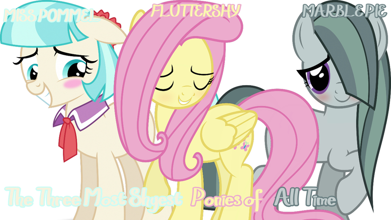 Size: 1280x720 | Tagged: safe, artist:dashiesparkle, artist:slb94, derpibooru import, edit, editor:jaredking779, coco pommel, fluttershy, marble pie, earth pony, pegasus, pony, blushing, cocobetes, cute, eyes closed, female, floppy ears, folded wings, grin, image, jpeg, marblebetes, mare, raised hoof, shyabetes, simple background, smiling, trio, white background, wings