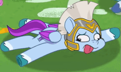 Size: 505x300 | Tagged: safe, derpibooru import, screencap, pegasus, pony, g5, my little pony: tell your tale, zipp's flight school, spoiler:g5, spoiler:my little pony: tell your tale, spoiler:tyts01e02, animated, cropped, dizzy, female, gif, guardsmare, image, lying down, mare, pegasus royal guard, prone, royal guard, solo focus, spinning eyes, sploot, stabilized, tongue out, zoom zephyrwing