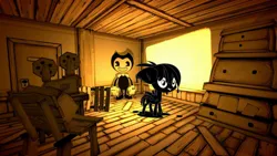 Size: 1191x671 | Tagged: safe, edit, editor:undeadponysoldier, ponerpics import, ponybooru import, featherweight, pegasus, pony, bendy and the ink machine, bendy the demon, bucktooth, cardboard cutout, colt, confused, crossover, cutout, foal, grin, image, ink, joey drew studios, jpeg, male, projector, projector screen, smiling, solo, video game