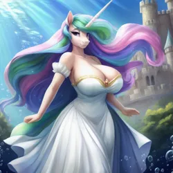 Size: 768x768 | Tagged: safe, artist:fragglezed, derpibooru import, machine learning generated, princess celestia, anthro, human, ai content, big breasts, breasts, bubble, canterlot, castle, clothes, crepuscular rays, dress, ethereal mane, ethereal tail, female, flowing hair, flowing mane, flowing tail, g4, horn, huge breasts, humanized, image, lidded eyes, long horn, looking at you, multicolored hair, multicolored tail, ocean, outdoors, pink eyes, png, prompter:fragglezed, scenery, signature, smiling, smiling at you, solo, sun, sunlight, swimming, tail, underwater, water