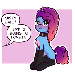 Size: 3000x3000 | Tagged: safe, artist:magician-horse, derpibooru import, pony, unicorn, g5, bedroom eyes, blushing, clothes, collar, derpibooru exclusive, image, implied lesbian, implied pipp petals, implied shipping, misty brightdawn, pale belly, png, rebirth misty, simple background, sitting, socks, solo