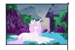Size: 676x448 | Tagged: safe, artist:thelunarmoon, derpibooru import, princess celestia, alicorn, pony, border, butt, facing away, female, image, mare, partially submerged, pink-mane celestia, plot, png, river, solo, spread wings, sunbutt, water, wings, wip