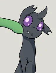 Size: 957x1250 | Tagged: safe, artist:triplesevens, changeling, pony, boop, fangs, gray background, image, male, offscreen character, png, purple changeling, simple background, solo focus