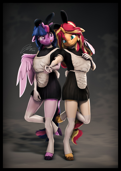 Size: 4000x5656 | Tagged: safe, artist:imafutureguitarhero, derpibooru import, sci-twi, sunset shimmer, twilight sparkle, twilight sparkle (alicorn), alicorn, anthro, classical unicorn, pony, unguligrade anthro, unicorn, 3d, :p, absurd resolution, adorasexy, alicornified, apron, arm freckles, blushing, border, bunny ears, bunny tail, cheek fluff, chin fluff, chromatic aberration, clothes, cloven hooves, colored eyebrows, colored eyelashes, colored wings, cute, dialogue in the description, duo, ear fluff, ear freckles, embarrassed, evening gloves, female, film grain, floppy ears, fluffy, fluffy hair, fluffy mane, fluffy tail, freckles, french maid, fur, gloves, hand on chest, holding hands, hoof fluff, horn, image, jpeg, leg fluff, leg freckles, leonine tail, lesbian, long gloves, long hair, long mane, looking at someone, maid, mare, matching outfits, multicolored hair, multicolored mane, multicolored tail, neck fluff, nose wrinkle, one ear down, paintover, peppered bacon, race swap, raised leg, revamped anthros, revamped ponies, scitwilicorn, scitwishimmer, scrunchy face, see-through, sexy, shipping, signature, skindentation, smiling, smiling at someone, socks, source filmmaker, standing, standing on one leg, stockings, sunsetsparkle, tail, tail fluff, thigh highs, tongue out, two toned wings, unshorn fetlocks, vertical, wall of tags, wings