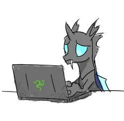 Size: 492x479 | Tagged: artist needed, safe, changeling, computer, confused, fangs, image, laptop computer, png, razer, simple background, solo, white background