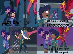 Size: 1280x960 | Tagged: safe, artist:gabethetoonkid, derpibooru import, blue october, blueberry muffin, sunset shimmer, equestria girls, berry in the big city, canterlot high, crossover, hero, huckleberry pie, image, injured, jpeg, rescue, shield, shipping, strawberry shortcake, sunset satan