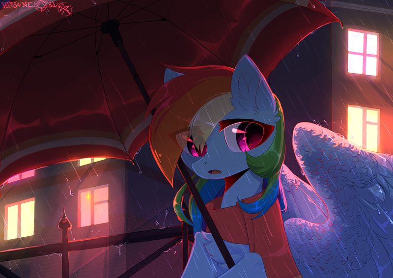 Size: 3508x2480 | Tagged: safe, artist:hakkerman, derpibooru import, rainbow dash, pegasus, pony, building, chest fluff, clothes, cute, dashabetes, ear fluff, eye clipping through hair, female, fence, g4, high res, image, looking at you, mare, open mouth, outdoors, png, rain, scarf, signature, solo, spread wings, umbrella, window, wings