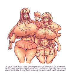 Size: 900x900 | Tagged: suggestive, artist:n647, derpibooru import, flash sentry, sunset shimmer, twilight sparkle, human, abs, big breasts, breasts, disproportional anatomy, huge breasts, humanized, image, impossibly large breasts, png, simple background, thighs, thunder thighs, wasp waist, white background