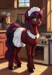 Size: 768x1088 | Tagged: safe, derpibooru import, machine learning generated, stable diffusion, oc, oc:jackie pie, unofficial characters only, pony, unicorn, ai content, clothes, crossdressing, cute, femboy, fetish, fixed version, image, jpeg, kitchen, maid, male, prompter:jackiepie, stallion