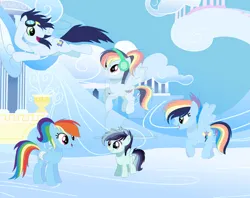 Size: 600x474 | Tagged: safe, artist:moonie-dreams, derpibooru import, rainbow dash, soarin', oc, oc:lightning rainboom, oc:rain cloud, oc:sky bolt, pegasus, pony, colt, female, foal, image, jpeg, male, mare, offspring, parent:rainbow dash, parent:soarin', parents:soarindash, shipping, soarindash, stallion, straight