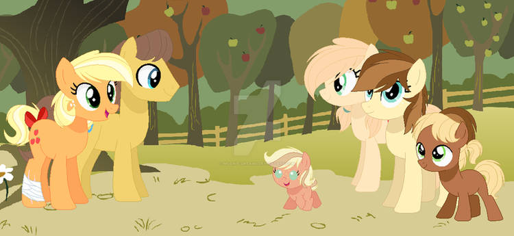 Size: 750x345 | Tagged: safe, artist:moonie-dreams, derpibooru import, applejack, caramel, oc, oc:apple candy, oc:apple pie, oc:john apple, oc:sweet apple, earth pony, pony, baby, baby pony, carajack, colt, female, filly, foal, image, jpeg, male, mare, offspring, parent:applejack, parent:caramel, parents:carajack, shipping, stallion, straight