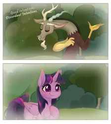 Size: 3040x3391 | Tagged: safe, alternate version, artist:daffolyn, derpibooru import, edit, part of a set, discord, twilight sparkle, twilight sparkle (alicorn), alicorn, pony, comic:discordant intentions, comic:discordant intentions (version 2), the ending of the end, bell, blushing, bowing, comic, commissioner:zcord, duo, flashback, grass, high res, hoof on chest, image, offscreen character, outdoors, part of a series, png, scene interpretation, story included, text edit