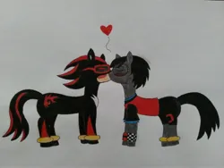 Size: 3264x2448 | Tagged: safe, artist:superfoxyhedgehog, derpibooru import, oc, oc:gia, ponified, earth pony, pony, clothes, eyes closed, glasses, heart, image, jpeg, kissing, non-mlp oc, non-mlp shipping, rule 85, shadow the hedgehog, shipping, sonic the hedgehog (series)