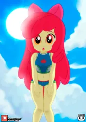 Size: 1131x1600 | Tagged: safe, artist:minusclass, derpibooru import, apple bloom, human, equestria girls, :o, apple, applejack's beach shorts swimsuit, belly button, bow, clothes, cloud, female, food, hair bow, image, jpeg, legs, looking at you, looking down, looking down at you, midriff, open mouth, outdoors, patreon, patreon logo, sky, sleeveless, solo, solo female, sun, swimsuit