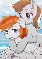 Size: 2896x4096 | Tagged: safe, artist:caibaoreturn, derpibooru import, oc, oc:felix gulfstream, oc:斑仔, unofficial characters only, earth pony, pegasus, biting, brothers, cloud, ear bite, image, jpeg, male, ocean, siblings, water