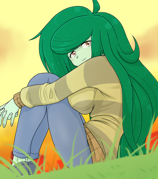 Size: 1585x1799 | Tagged: safe, artist:batipin, derpibooru import, wallflower blush, human, equestria girls, breasts, busty wallflower blush, clothes, female, freckles, grass, grass field, image, looking at you, outdoors, pants, png, shoes, sitting, sky, smiling, smiling at you, solo, solo female, sunset, sweater, sweater puppies