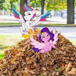 Size: 1080x1080 | Tagged: safe, derpibooru import, official, pipp petals, zipp storm, pegasus, pony, g5, my little pony: tell your tale, adorapipp, adorazipp, autumn, cute, duo, duo female, female, flying, image, irl, jpeg, leaf, looking at you, mare, photo, royal sisters (g5), siblings, sisters, smiling, smiling at you, spread wings, wings