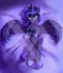Size: 1552x1807 | Tagged: safe, artist:行豹cheetahspeed, derpibooru import, princess luna, pony, animated, bed, female, green eyes, image, jpeg, laying on bed, lying, lying down, mare, moon, on bed, purple mane, smiling, solo, spread wings, wings